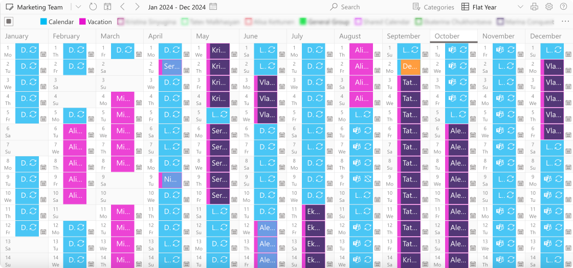 Example flat year view in Virto Calendar. 