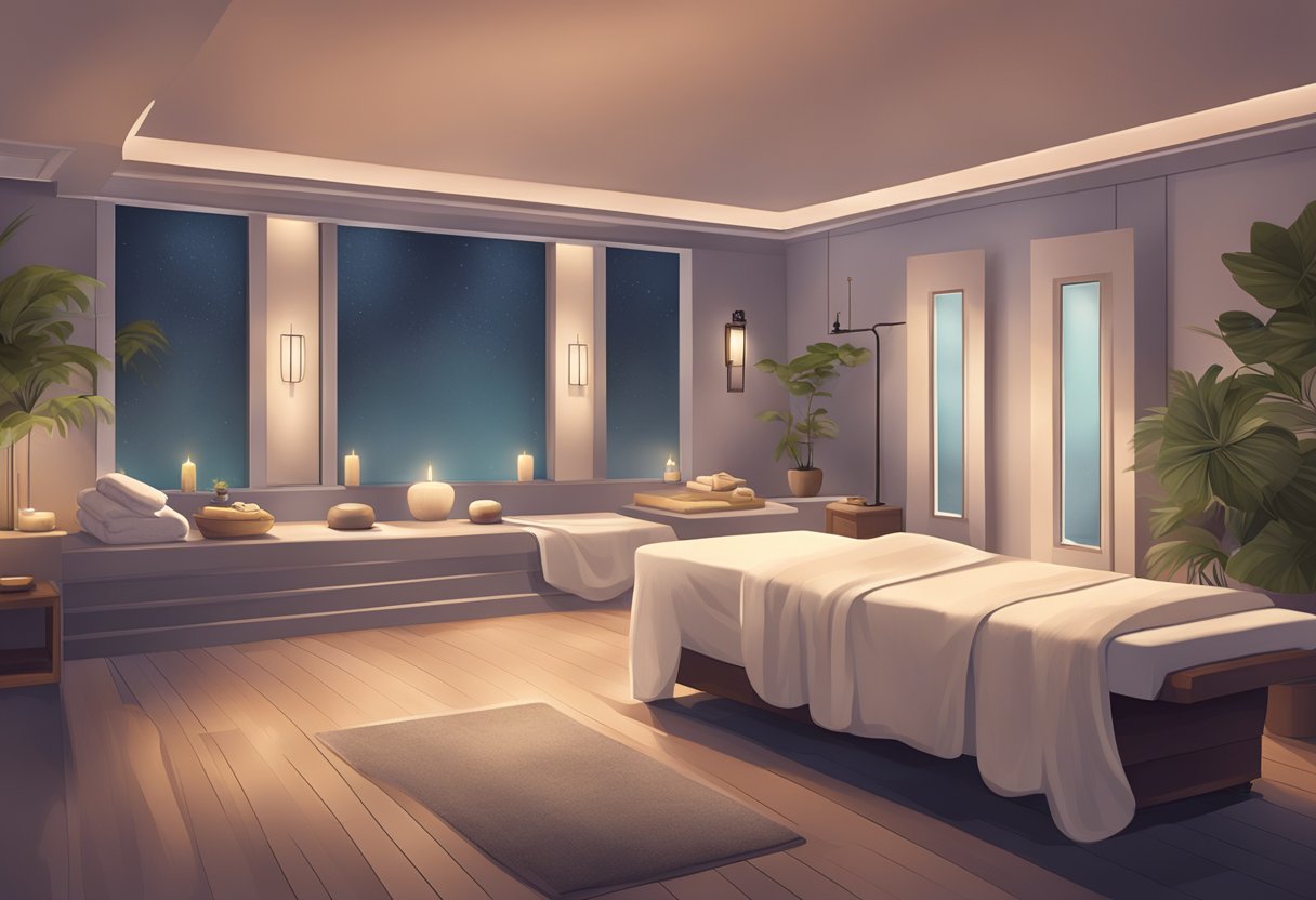 A serene spa room with dim lighting, soft music, and a massage table surrounded by calming decor and plush towels