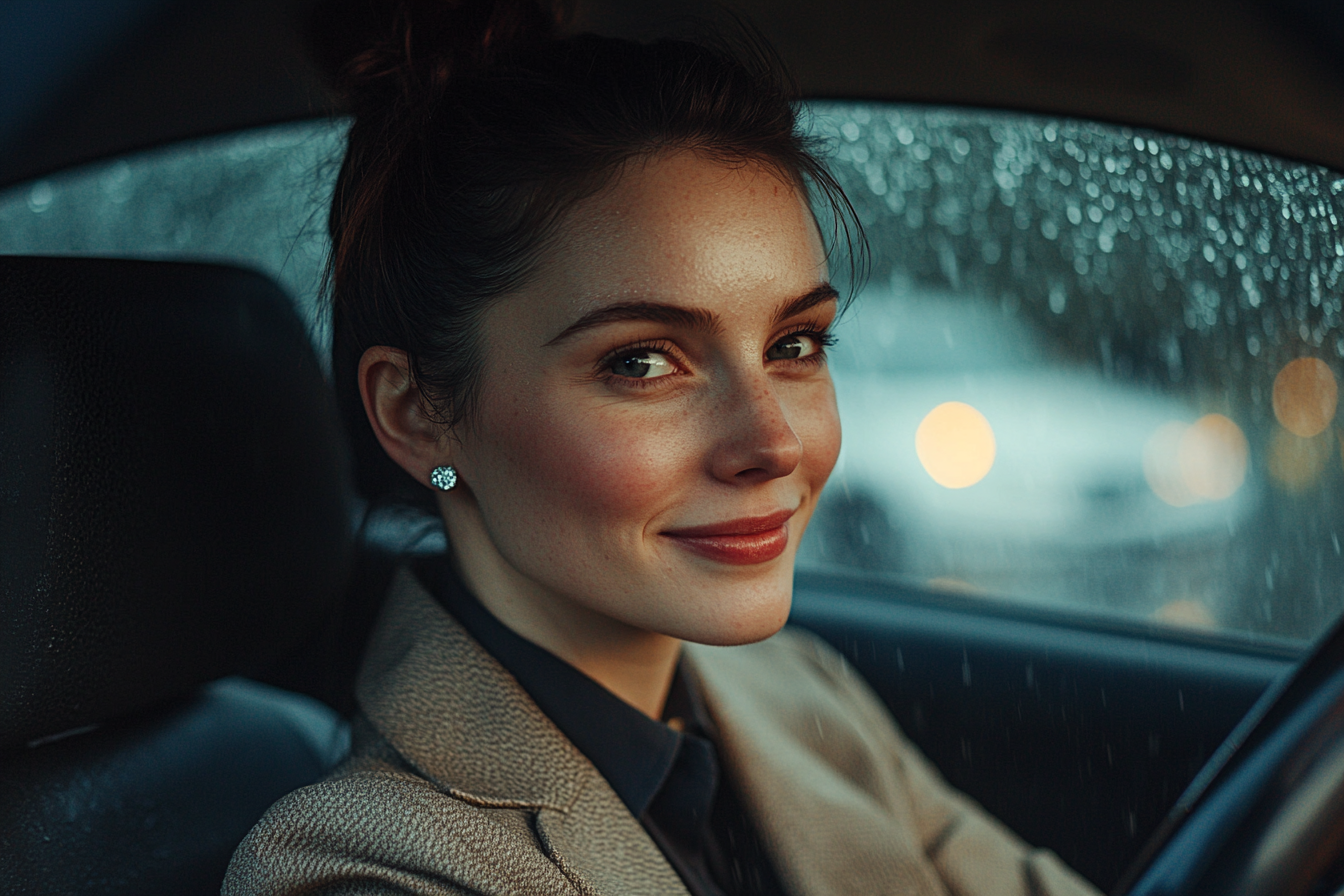 Woman in her 30s driving on a dark rainy road smiling brightly | Source: Midjourney