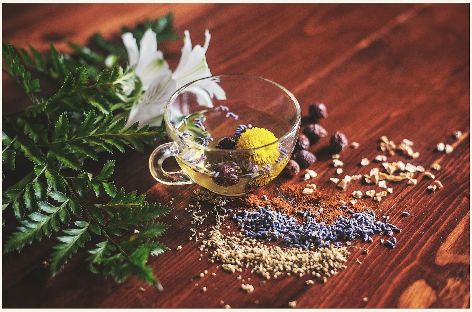 A small glass of tea with lots of aromatic spices and plants around it