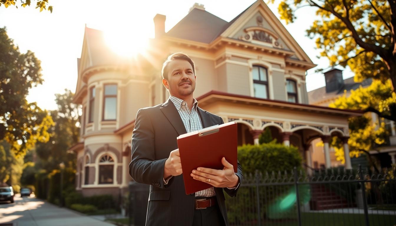 A professional property appraiser stands before a stately Victorian-style house, clipboard in hand, meticulously examining the exterior features. The midday sun casts warm, golden light, accentuating the home's ornate details. In the background, a tree-lined street suggests an upscale Los Angeles neighborhood. The appraiser's focused expression conveys their expertise and dedication to accurately assessing the property's value. This scene captures the important role appraisers play in helping property owners understand the worth of their investments.
