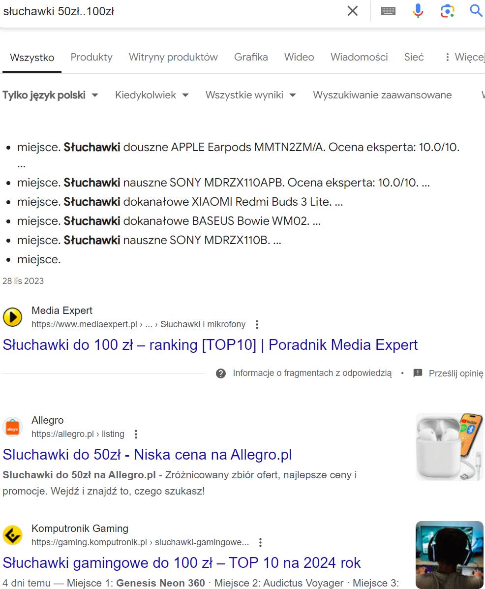 Operator Google - zakres liczbowy ..