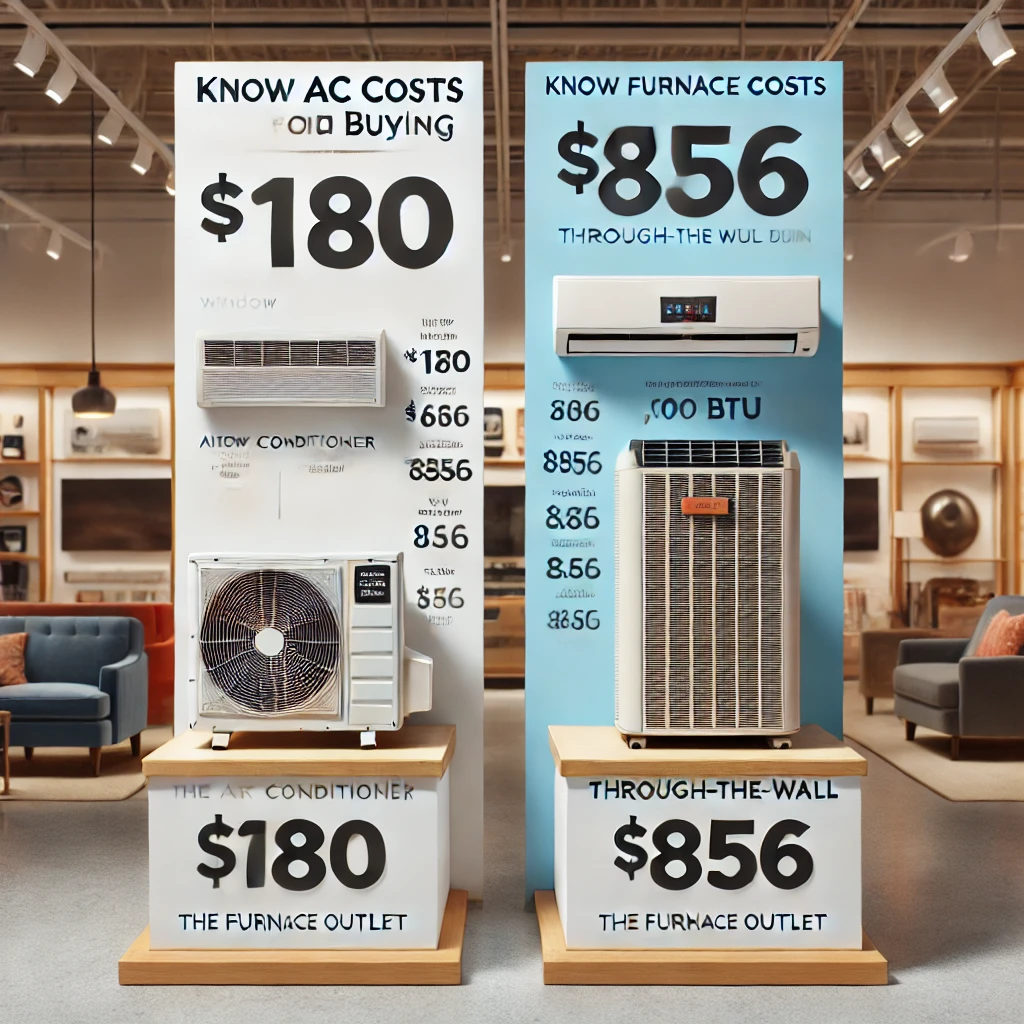 Comparison of window and through-the-wall AC units with visible price tags and feature highlights.