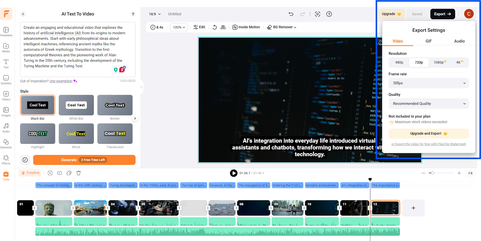 FlexClip export settings for an AI-generated video, displaying resolution and format options for saving the project.