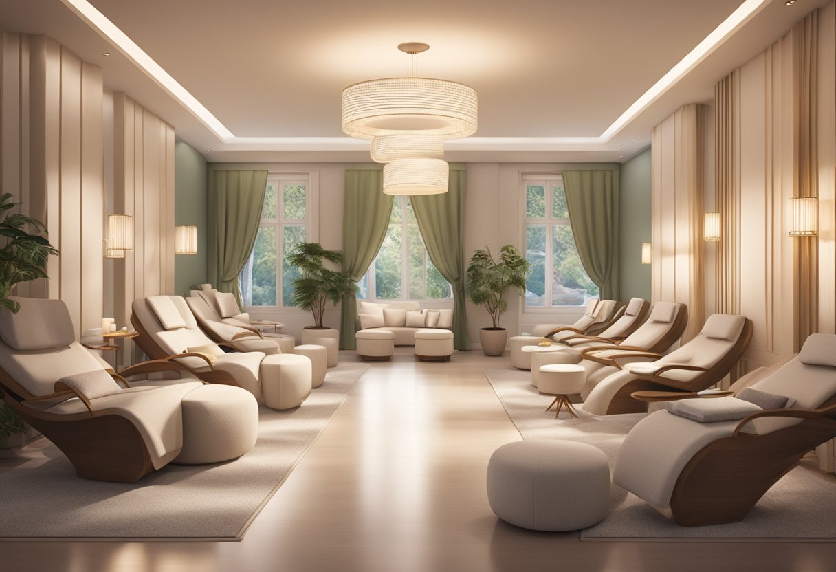 A serene spa setting with soft lighting and plush seating, showcasing various lash service options and satisfied customers