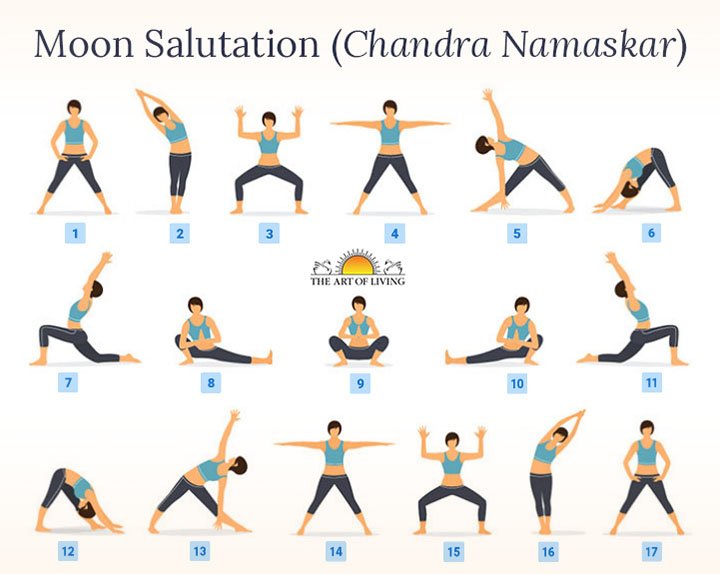 moon salutation sequence: The image shows a sequence of 17 yoga poses labeled from 1 to 17, illustrating the Moon Salutation (Chandra Namaskar) routine. Each pose is depicted by a figure performing the yoga stretch or stance against a plain background. The title “Moon Salutation (Chandra Namaskar)” is displayed at the top, and there’s a logo with text “THE ART OF LIVING” between poses number 4 and 5. This image serves as a visual guide for practicing this specific yoga sequence, which can be used for relaxation or exercise purpose