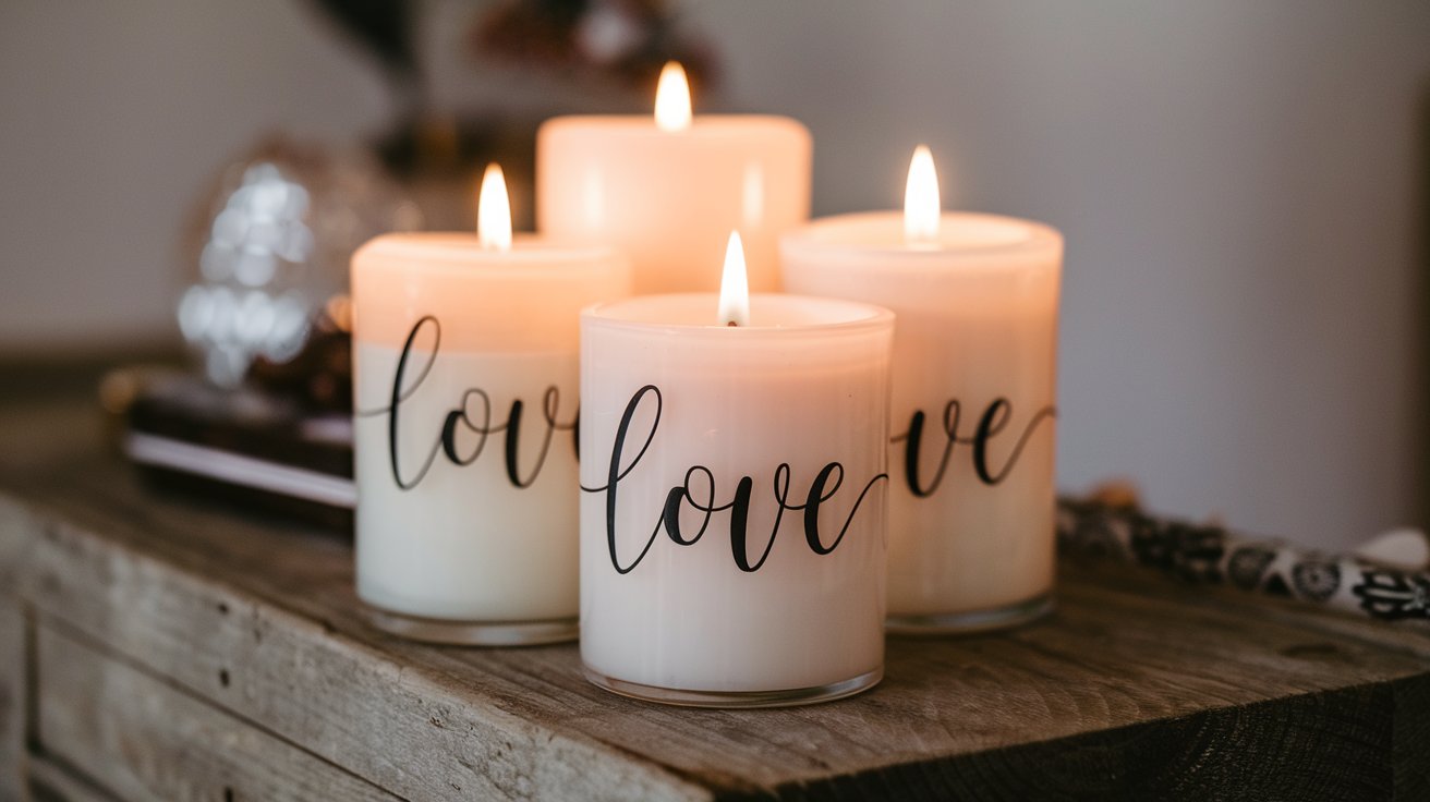 Elegant white pillar candles glowing warmly on a wedding ceremony table, surrounded by soft floral arrangements, creating a timeless and romantic atmosphere.

