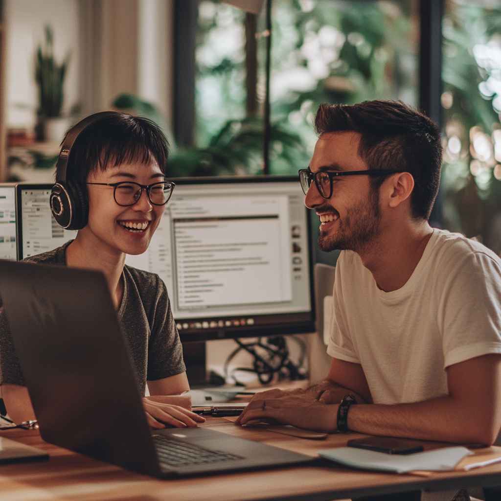 2 colleagues are happy while collaborating together.
