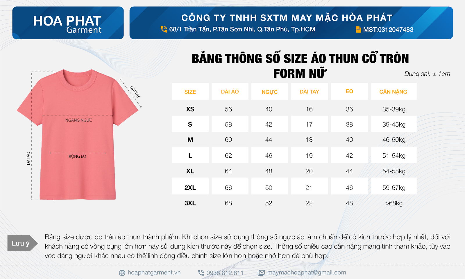 bảng size áo thun cổ tròn nữ