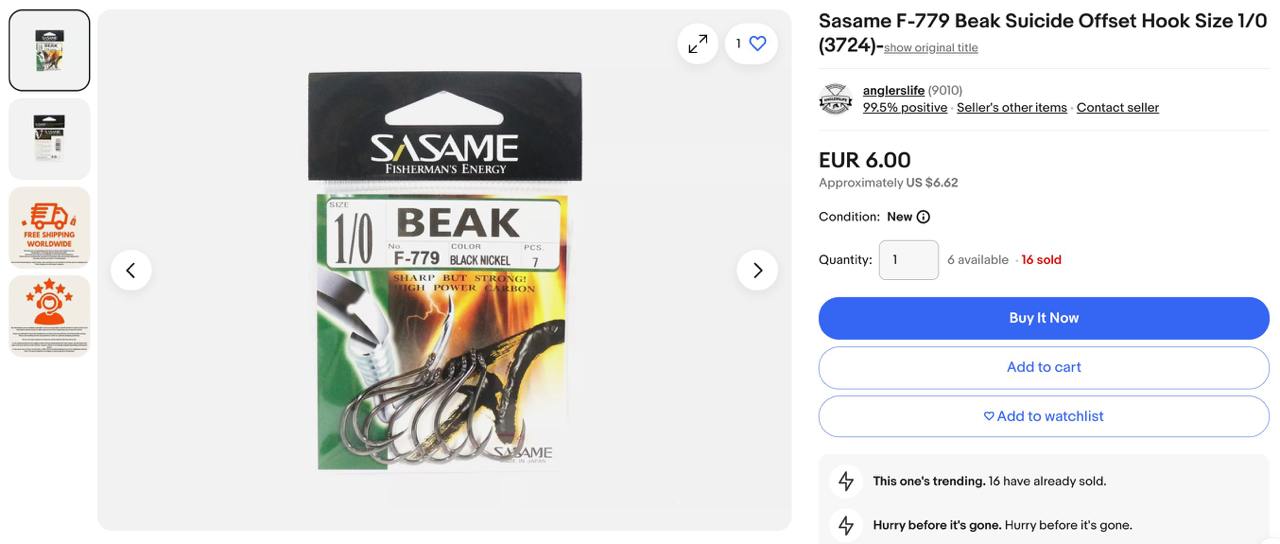 5. Sasame F-779 Beak Suicide Offset Hook Size 1/0 (3724)