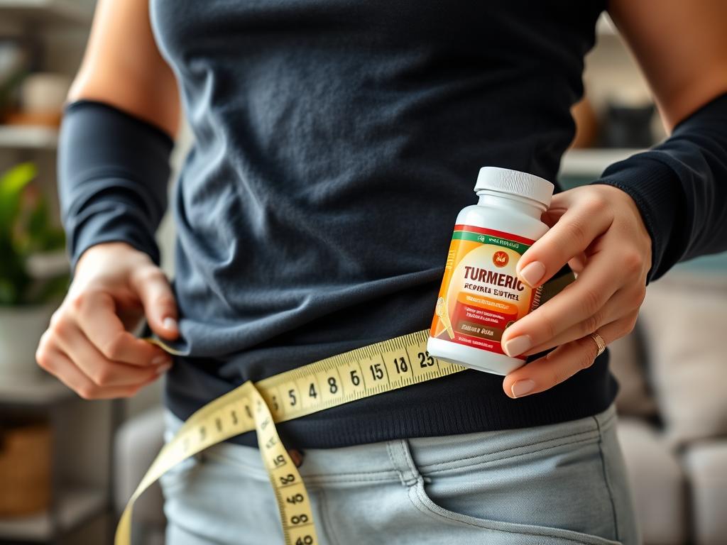 Person measuring waist circumference while holding turmeric supplement