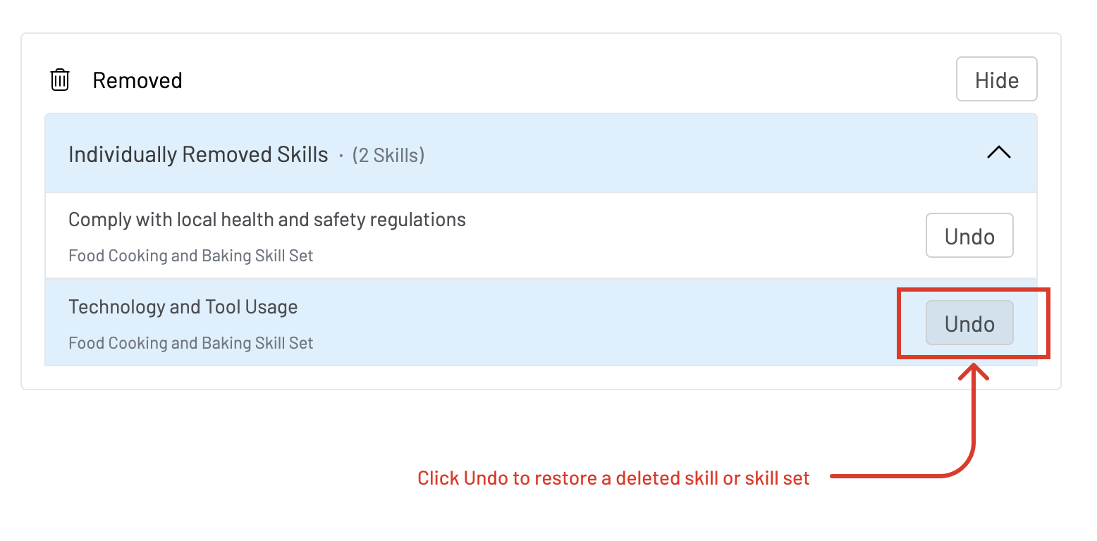 Screenshot of where the "undo" button is for any removed skill or skill set.