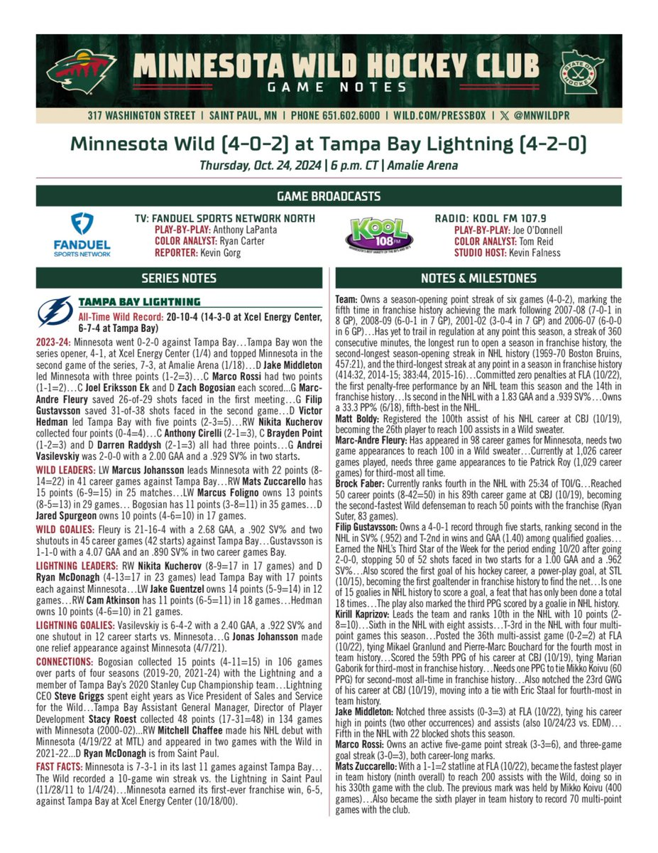 Minnesota Wild Game Notes at the Tampa Bay Lightning - Octover 24th, 2024