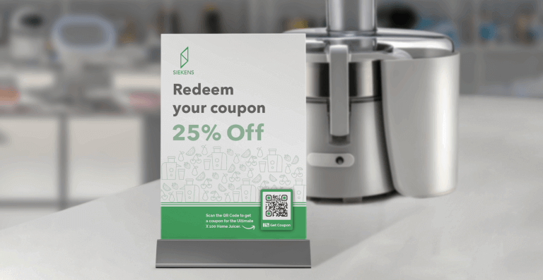 A QR Code on a table display allows scanners to redeem a 25% off coupon.