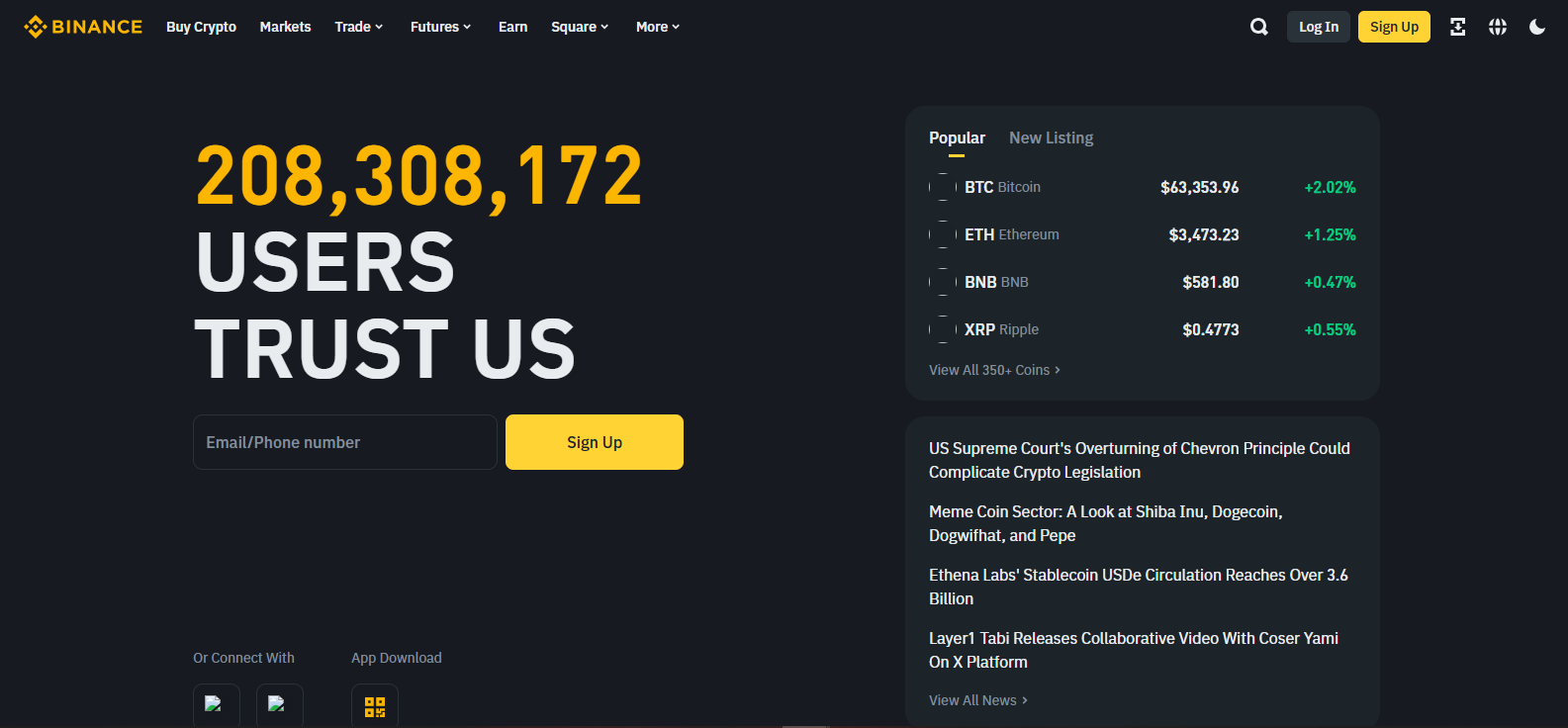 Binance homepage displaying user count, popular cryptocurrency prices, and latest news updates.