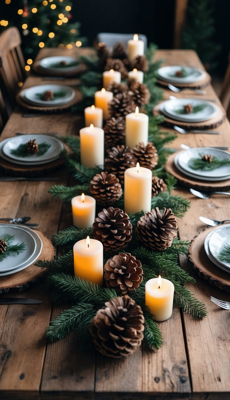 A rustic wooden table adorned with pinecones, candles, and greenery, serving as a DIY centerpiece for a cozy Christmas gathering