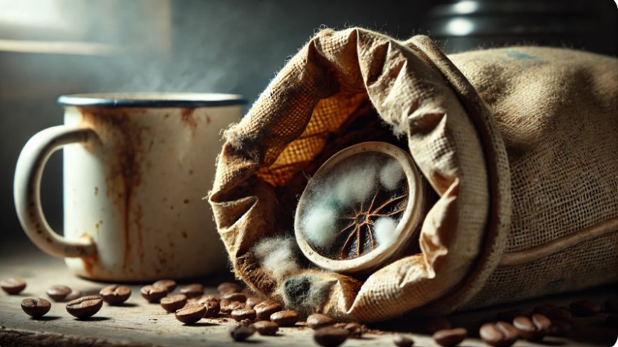 A close-up of a burlap sack filled with moldy coffee beans. A rusty mug sits nearby, partially filled with steaming coffee. Scattered coffee beans are on a wooden surface.