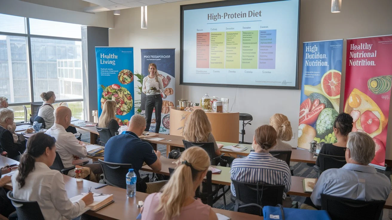 A seminar on a high-protein diet, featuring a dietitian presenting a chart of high-protein foods and their benefits to an engaged audience taking notes.