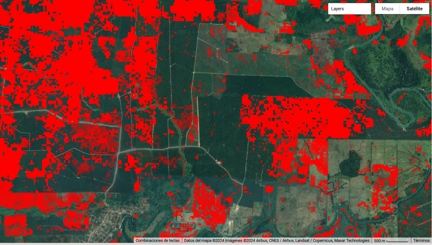 Así se ve REPSA 1 y, en rojo, la deforestación causada según el proyecto GLAD: