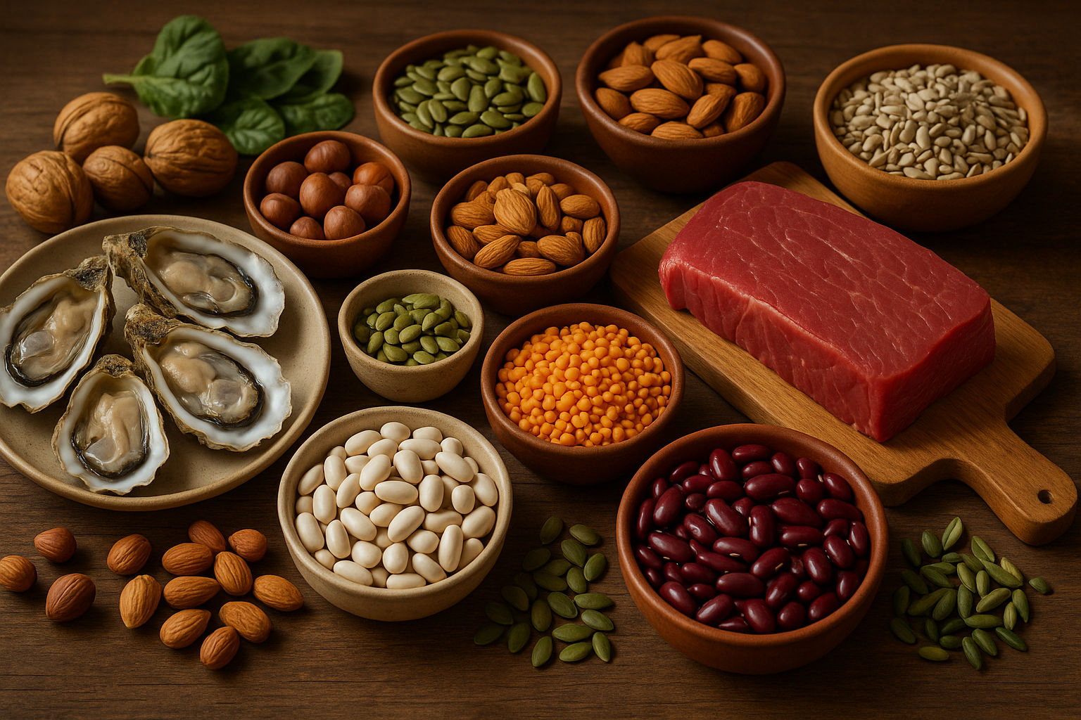 A photorealistic shot capturing a diverse assortment of zinc-rich foods arranged artfully on a wooden table. The spread includes oysters, red meat, nuts, seeds, and legumes, all brightly lit to emphasize their textures and colors. Focus on showcasing the variety of sources for obtaining zinc through a balanced diet. The overall composition conveys health and nutritional value.