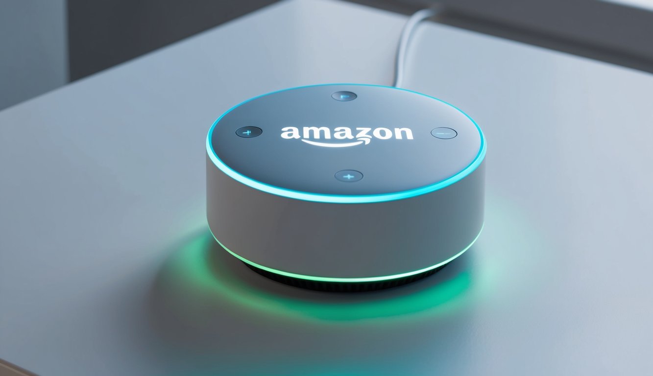 A futuristic, sleek device with a glowing Amazon Cosmo logo sits on a clean, white tabletop. Blue and green LED lights surround the device, giving it a modern, high-tech feel