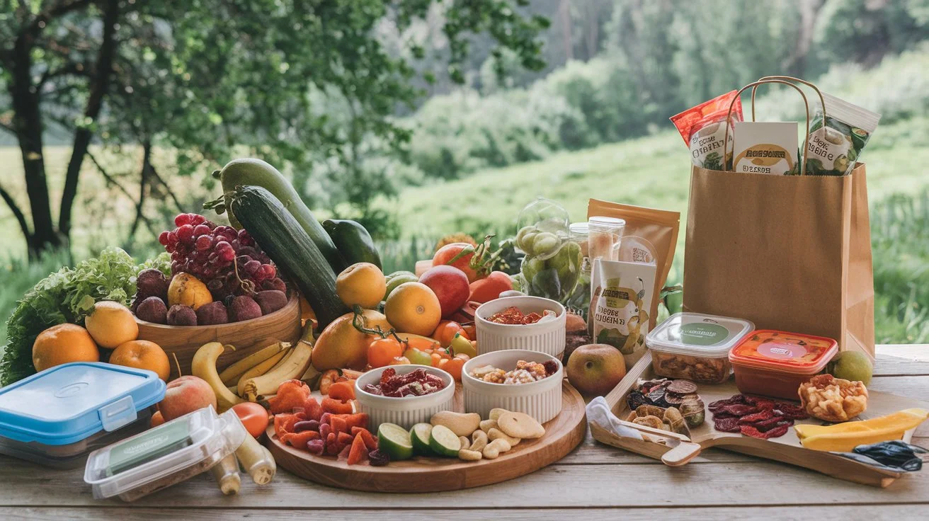 An eco-friendly kitchen setup with reusable containers, local produce, and sustainable packaging