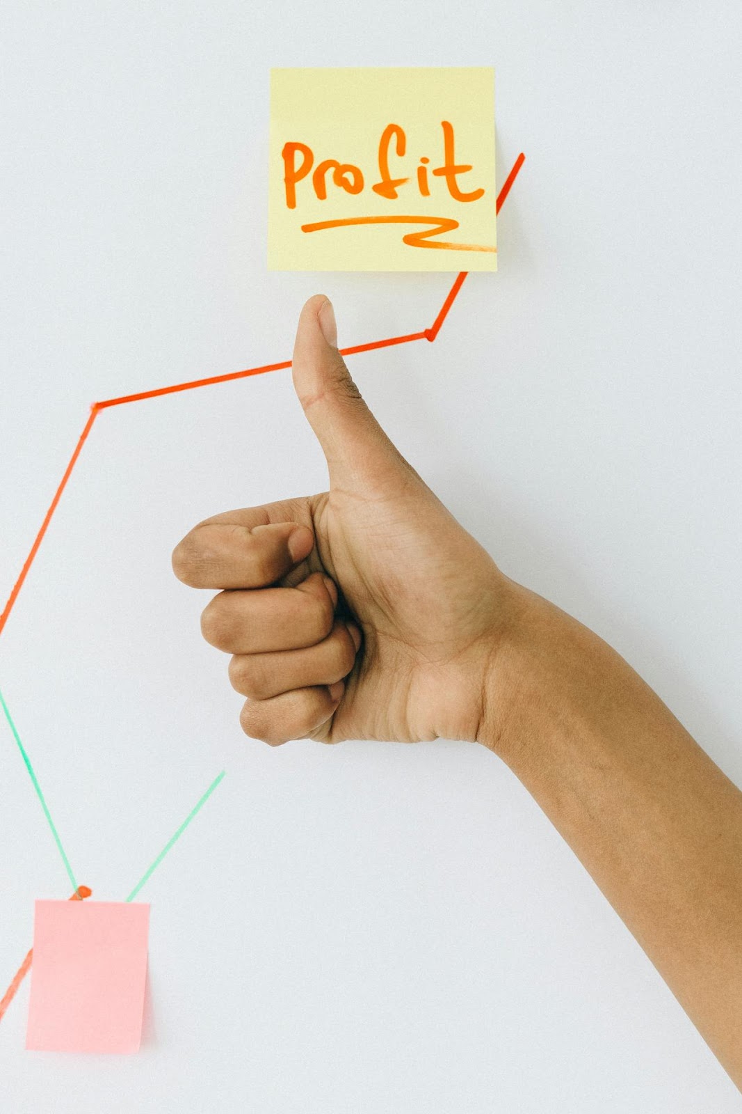 A hand giving a thumbs-up in front of a rising red line graph with a sticky note labeled 'Profit,' symbolizing business success and growth.