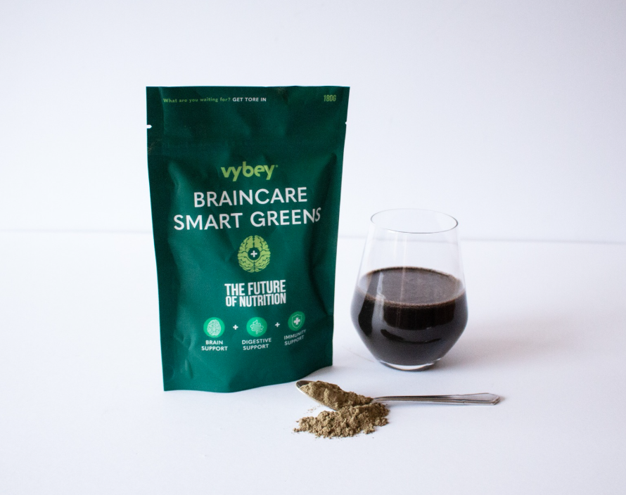 vybey Braincare Smart Greens Powder, showcasing a simple and refreshing way to enjoy nutrient-packed greens for brain health and overall wellness.