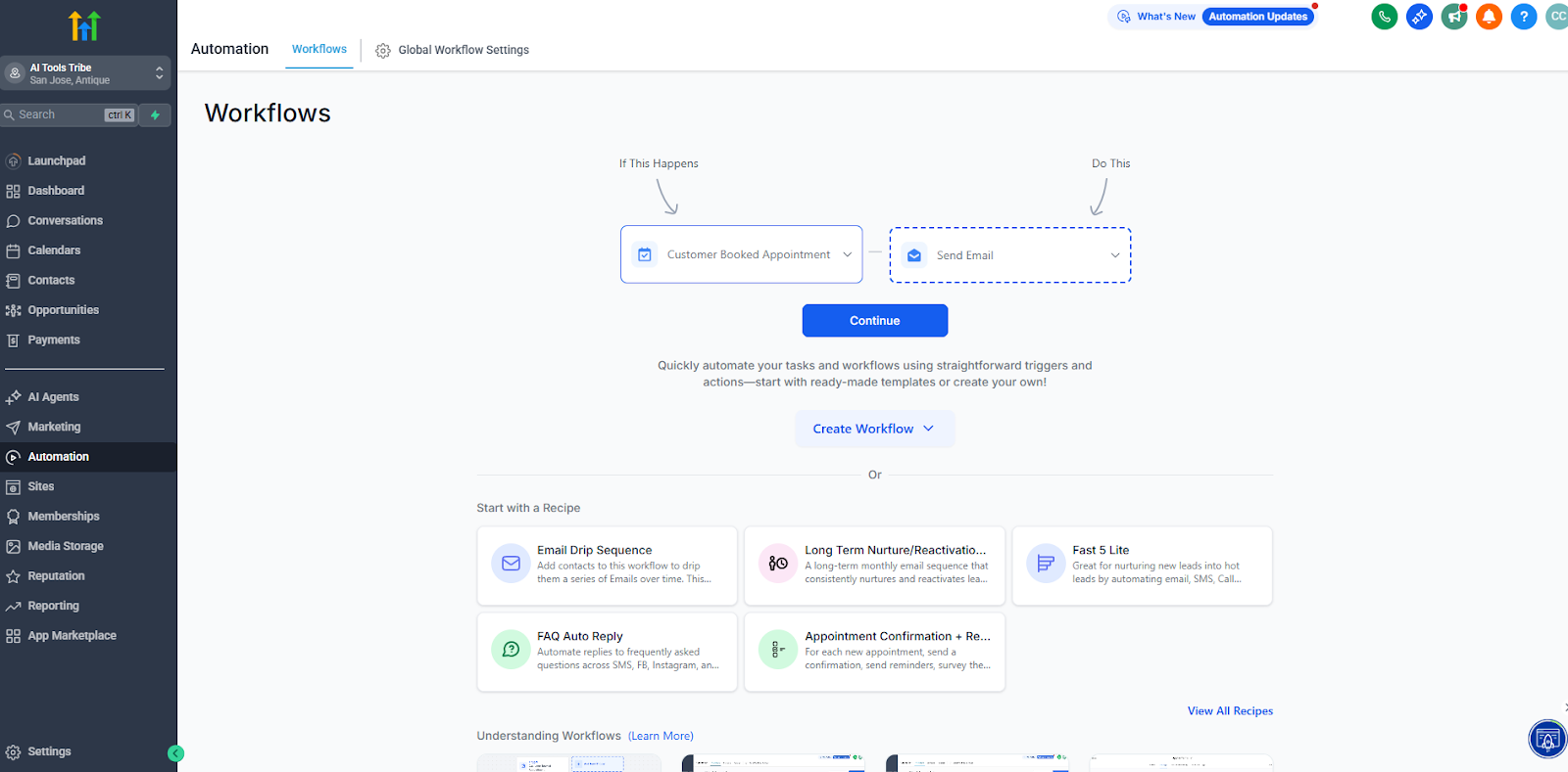 GoHighLevel workflow builder showing email automation triggered by appointment booking.