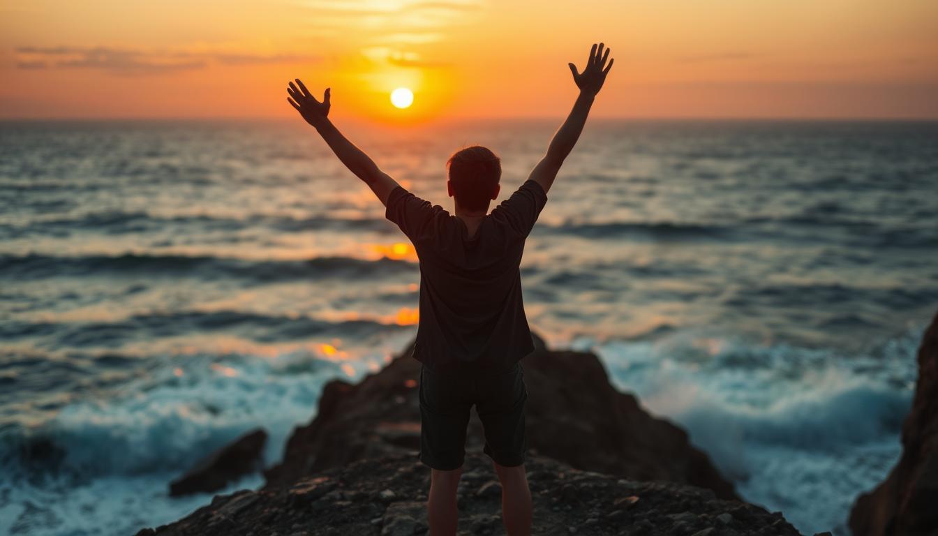 A figure standing on a cliff, staring out at the ocean with arms raised up high and a look of freedom and release on their face. The sun is setting in the background, casting warm hues across the sky. The figure is surrounded by small rocks and waves crashing against the cliffside, emphasizing the power and resilience of nature.