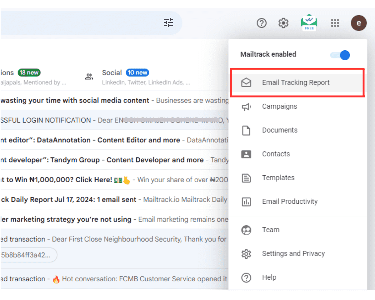 To open your email tracking report dashboard, after clicking the Mailsuite settings icon, click Email Tracking Report