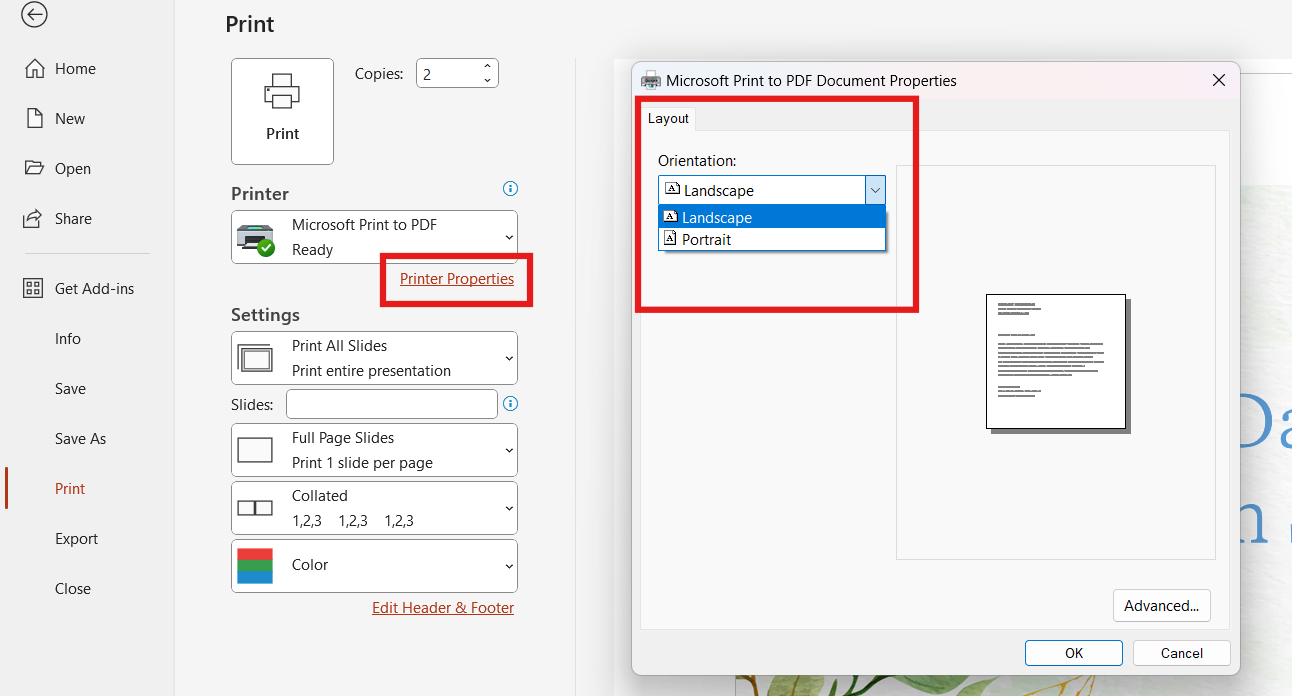 Selecting orientation under Printer Properties in PowerPoint.