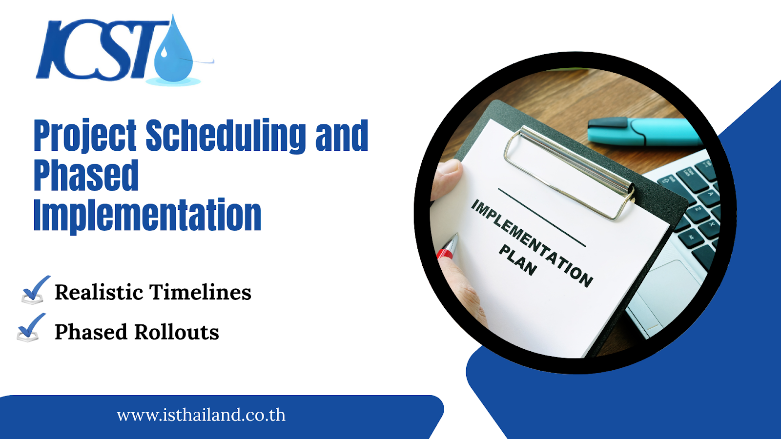 A graphic titled "Project Scheduling and Phased Implementation," featuring a checklist for realistic timelines and phased rollouts, with a clipboard showing an "IMPLEMENTATION PLAN" document.