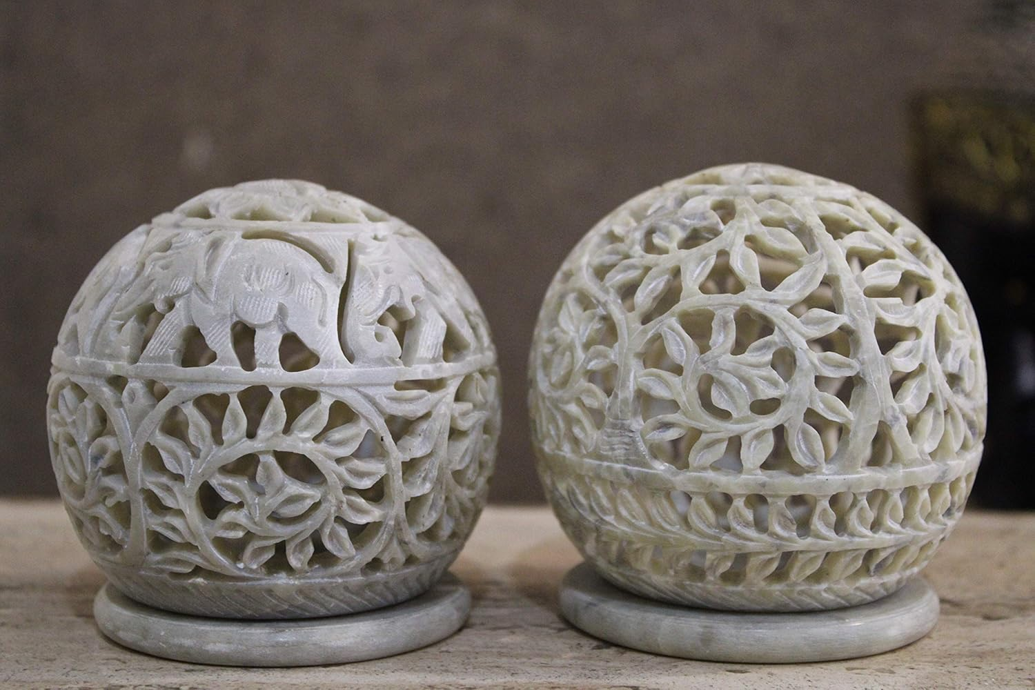 KC KULLICRAFT Soapstone Marble Flower And Elephant Carving Round Tea Light Candle Holder
