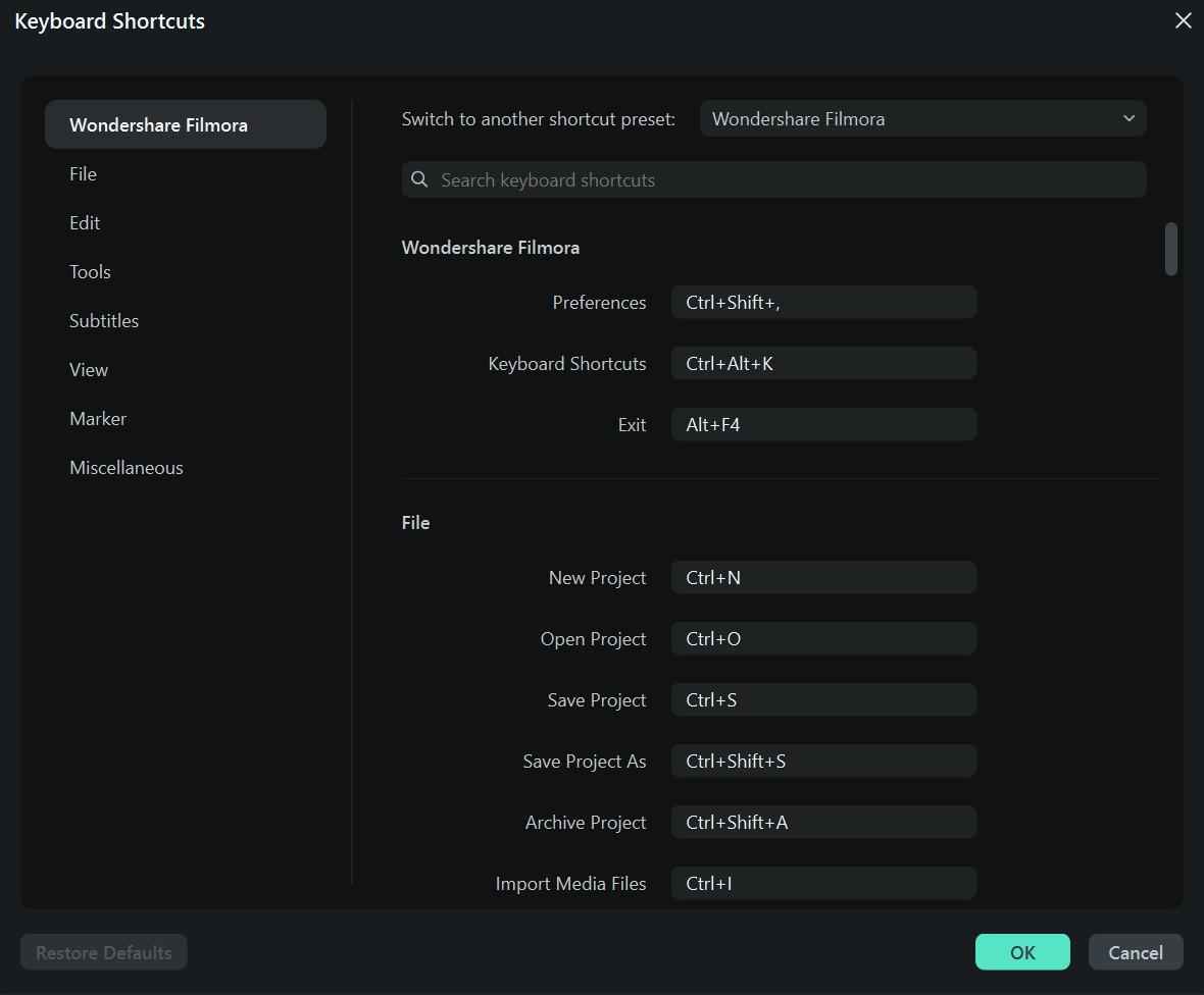 keyboard shortcuts in filmora