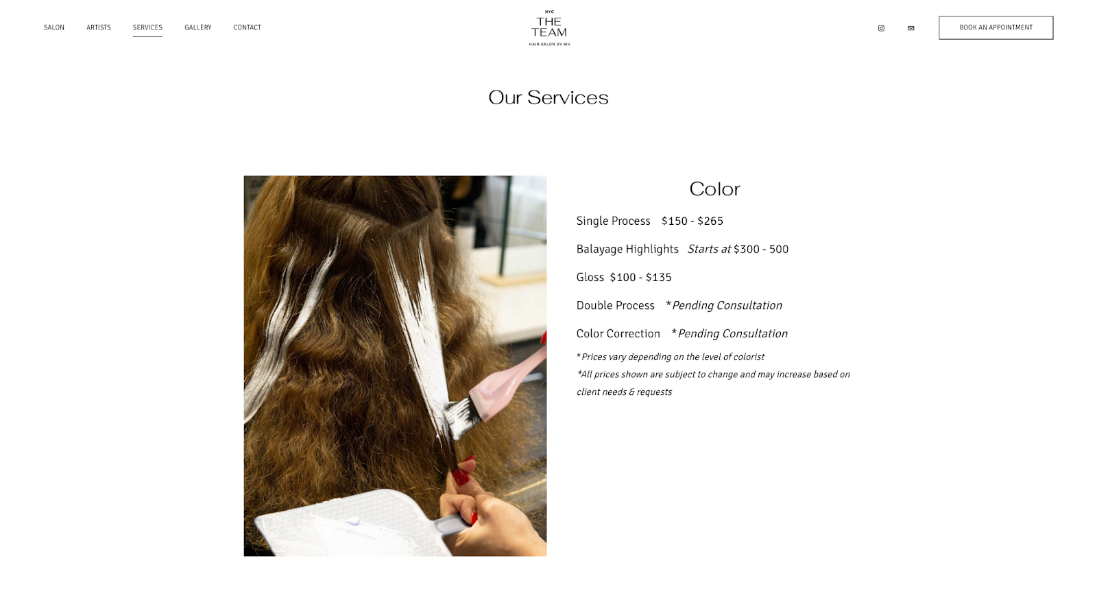 A screenshot of a salon website offering.