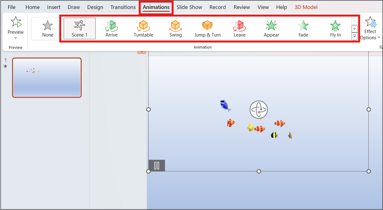 Animation tab in PowerPoint with various preset animation effects.