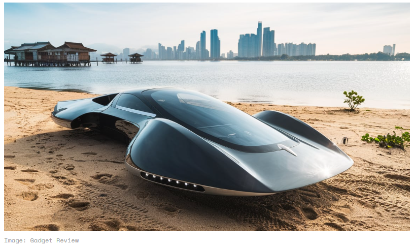 A black futuristic car on a beach

Description automatically generated