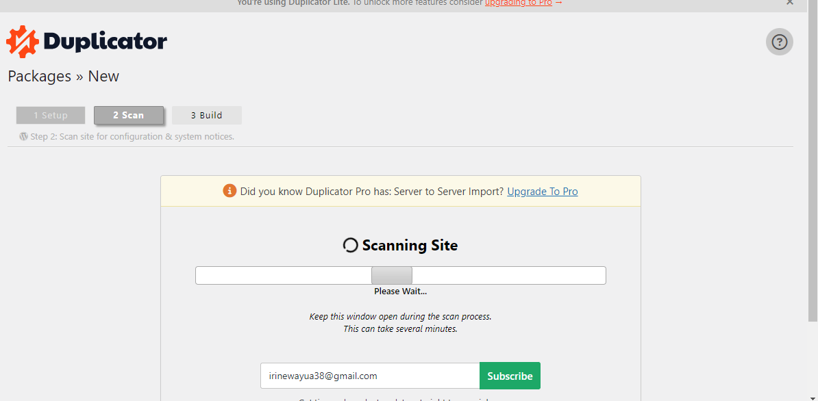 a screenshot of duplicator plugin scanning the website