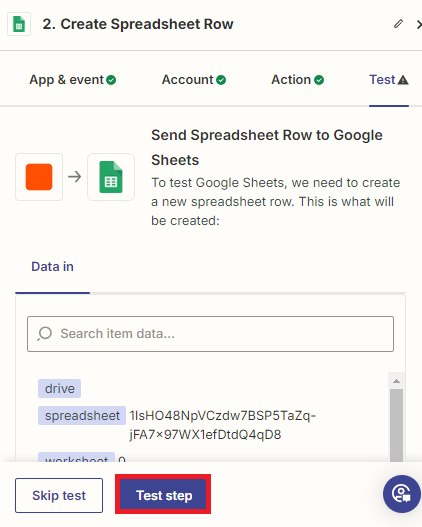 Testing the step for Google Sheets 