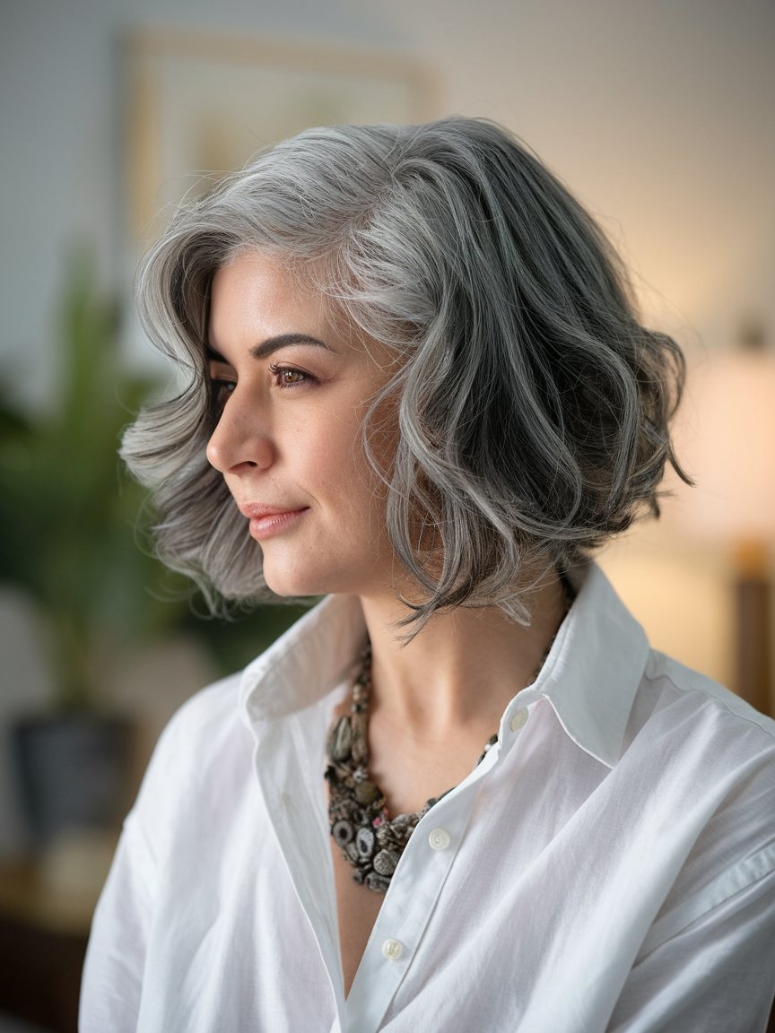 10. Gray Curly Lob (Long Bob)