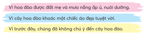 CHỦ ĐỀ 1: BỐN MÙA MỞ HỘIBÀI 1: CHIẾC ÁO CỦA HOA ĐÀOKHỞI ĐỘNGNói với bạn về sự thay đổi của thiên nhiên nơi em ở vào dịp tết theo gợi ý:Giải nhanh:Bầu trời trong xanh, cao vời vợi. Hương hoa ngào ngạt và những loài hoa thi nhau phô sắc.Cảnh vật mùa xuân luôn tràn đầy sức sống. Những cánh hoa mai của đua nhau khoe sắc, chở bao nhiêu dư vị và màu sắc của mùa xuân. KHÁM PHÁ VÀ LUYỆN TẬP1) Đọc và trả lời câu hỏi:Câu 1: Ban đầu, vì sao các loài hoa trong vườn không chú ý đến cây hoa đào?.Câu 2: Mùa xuân đến, cây hoa đào thay đổi như thế nào?Câu 3: Theo cây hoa đào, nhờ đâu mà nó có được những bông hoa đẹp?Câu 4: Vì sao các loài hoa cảm thấy xấu hổ sau khi nghe hoa đào trả lời?Câu 5: Cây hoa đào có gì đáng khen?Giải nhanh: Câu 1: Loài hoa nào cũng cho là mình đẹp nhấtCâu 2: Hoa đào khoác lên mình chiếc áo đẹp tuyệt, hàng nghìn bông hoa thắm hồng xinh xinh đang đùa trong nắng xuân ấm ápCâu 3: Nhờ đất mẹ nuôi nấng, nhờ mưa nắng bốn mùa, nhờ bàn tay chăm sóc sớm hôm của cô chủ.Câu 4: Trước đây, chúng đã không chú ý đến cây hoa đàoCâu 5: Không kiêu căng khi được các loài hoa khác khen mình đẹp, mà hoa đào nói vẻ đẹp này có được nhờ vào công của thiên nhiên và người chăm sóc, không ghét khi bị các loài hoa khác chê mình xấu, và luôn hòa đồng, sống chan hòa với mọi người. 2) Đọc một truyện về lễ hộia. Viết vào Phiếu đọc sách những điều em thấy thú vịGiải nhanh: Sự tích lễ hội Chử Đồng TửĐời Hùng vương thứ 18, ở làng Chử Xá bên bờ sông Hồng, có một chàng trai tên là Chử Đồng Tử. Nhà nghèo, mẹ mất sớm, hai cha con chàng chỉ có một chiếc khố mặc chung. Khi cha mất, chàng thương cha nên đã quấn khố chôn cha, còn mình đành ở không.Một hôm, đang mò cá dưới sông, chàng thấy một chiếc thuyền lớn và sang trọng tiến dần đến. Đó là thuyền của công chúa Tiên Dung, con gái vua Hùng đang du ngoạn. Chàng hoảng hốt, chạy tới khóm lau thưa trên bãi, nằm xuống, bới cát phủ lên mình để ẩn trốn. Nào ngờ, công chúa thấy cảnh đẹp, ra lệnh cắm thuyền, lên bãi dạo rồi cho vây màn ở khóm lau mà tắm. Nước giội làm trôi cát đi, để lộ một chàng trai khỏe mạnh. Công chúa rất đỗi bàng hoàng. Nhưng khi biết rõ tình cảnh nhà chàng, nàng rất cảm động và cho là duyên trời sắp đặt, liền mở tiệc ăn mừng và kết duyên với chàng.Sau đó, hai vợ chồng Chử Đồng Tử không về kinh mà tìm thầy học đạo và đi khắp nơi truyền cho dân cách trồng lúa nuôi tằm, dệt vải. Cuối cùng, cả hai đều hóa lên trời. Sau khi về trời, Chử Đồng Tử còn nhiều lần hiển linh giúp dân đánh giặc.Nhân dân ghi nhớ công ơn Chử Đồng Tử, lập đền thờ ở nhiều nơi bên sông Hồng. Cũng từ đó hằng năm, suốt mấy tháng mùa xuân, cả một vùng bờ bãi sông Hồng lại nô nức làm lễ, mở hội để tưởng nhớ ông.- Tên truyện: Sự tích lễ hội Chử Đồng Tử- Tác giả: Lê Hoàng - Tên lễ hội: Chử Đồng Tử- Cảnh vật: đền thờ ở nhiều nơi bên sông Hồng, … - Con người: nô nức làm lễ, mở hội để tưởng nhớ ông.b. Cảm xúc của em sau khi đọc truyện: Giải nhanh: tự hào, yêu quý ÔN CHỮ HOA V, HViết từ: Hùng VươngViết câu:Tri Tôn có hội đua bòVàm Nao có hội đua đò sang sông.Ca daoGiải nhanh: Học sinh tự thực hiện vào vở.1) Tìm 2 - 3 từ ngữa. Gọi tên lễ hộiM: Lễ đền Hùng Vươngb. Gọi tên hoạt động trong lễ hộiM: Gói bánh chưngc. Chỉ không khí của lễ hộiM: Náo nhiệtd. Chỉ cảm xúc của người tham gia lễ hộiM: Hào hứngGiải nhanh: a. Gọi tên lễ hội: Lễ hội đền Hùng, Lễ hội Gióng, Lễ hội Ka-tê, Lễ hội chùa Hương, b. Gọi tên hoạt động trong lễ hội: Gói bánh chưng, đua thuyền, đấu vật, đấu cờ, đấu võ, c. Chỉ không khí của lễ hội: Náo nhiệt, đông vui, tấp nập, nhộn nhịp, d. Chỉ cảm xúc của người tham gia lễ hội: Hào hứng, tưng bừng, hăng say, vui vẻ, háo hức,...2) Đặt 1 - 2 câu về hoạt động trong lễ hội em đã chứng kiến hoặc tham gia.Giải nhanh:Chúng em tham gia đấu cờ rất hăng say.Chúng em rất háo hức xem chọi trâu.Em tham gia gói bánh chưng cùng mọi người trong gia đình.Em và anh trai cùng tham gia đua thuyền.3) Sắp xếp các câu thành đoạn vănGiải nhanh:Mở đầu Ngày hội Bánh chưng xanh là chương trình văn nghệ đặc sắc.Sau tiết mục trống hội, chúng em được hướng dẫn cách gói bánh chưng.Các khối lớp tỏa về từng khu vực đã quy định để thực hành gói bánh.Các bạn thích thú khi tự tay sắp lá, đong gạo, đỗ, xếp thịt vào khuôn và gói lại.Nhìn những cặp bánh được buộc lạt vuông vức, chúng em như thấy mùa xuân đã đến thật gần.VẬN DỤNG