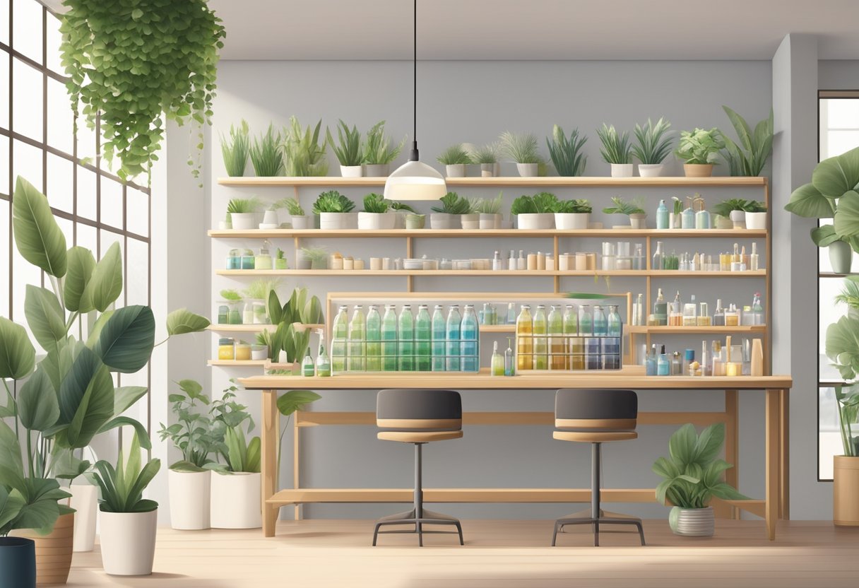 A lash studio with natural lighting, recyclable materials, and plants. Eco-friendly products displayed on shelves. A reusable water bottle on a clean workstation