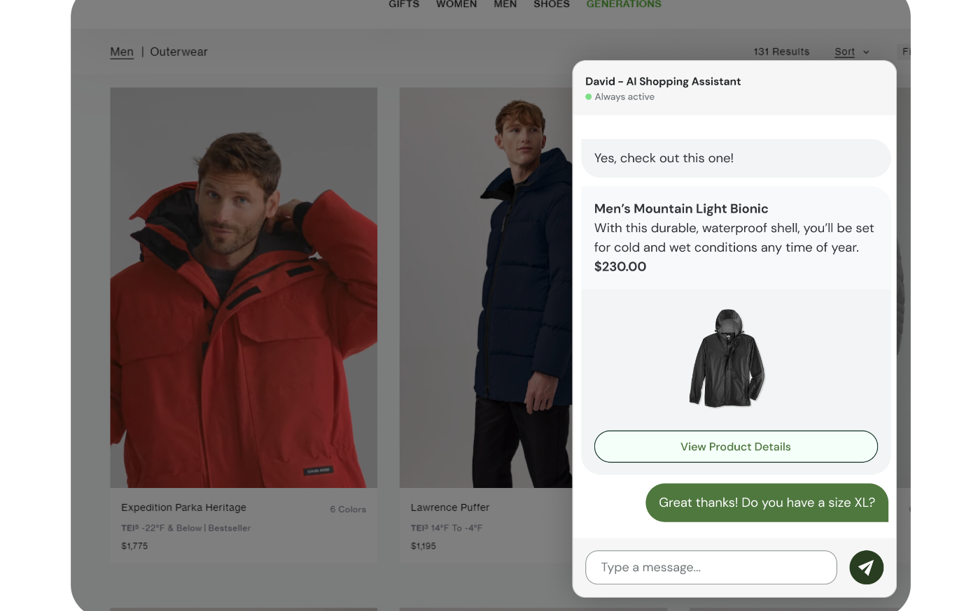 Juphy AI recommends an outdoor jacket to a customer and assists with sizing based on the queries.