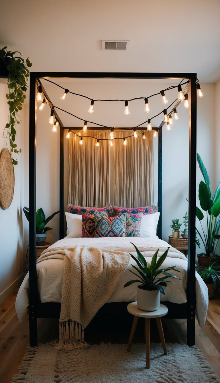 A cozy boho bedroom with a canopy bed adorned with Edison bulb string lights, surrounded by plants and eclectic decor