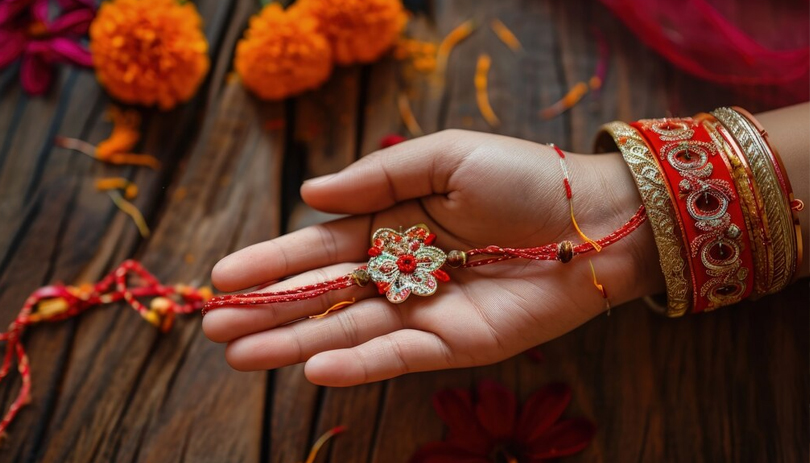 Close-up of a woman’s hand holding a decorative rakhi with traditional bangles, flowers, and festive decor in the background for Raksha Bandhan.