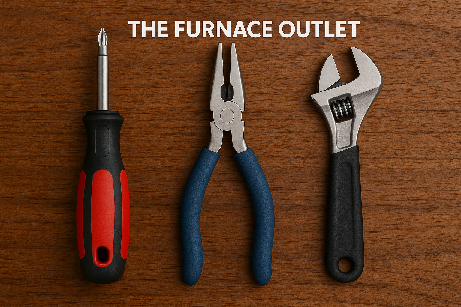 A high-resolution digital photograph displays three essential HVAC hand tools—a red and black multi-purpose screwdriver, blue-handled needle-nose pliers, and a silver adjustable wrench—on a wooden surface with "The Furnace Outlet" branding at the top.