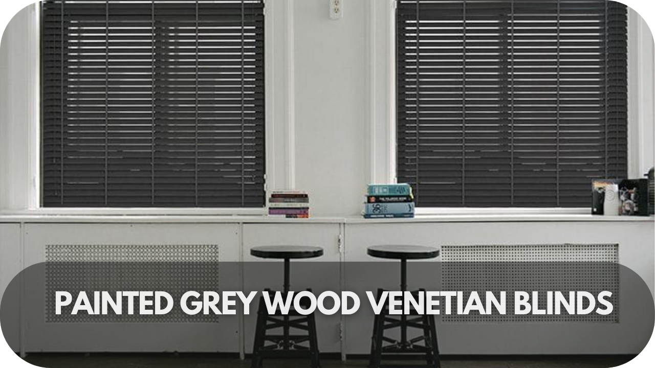 Chic painted grey wood Venetian blinds for a modern, sleek interior.