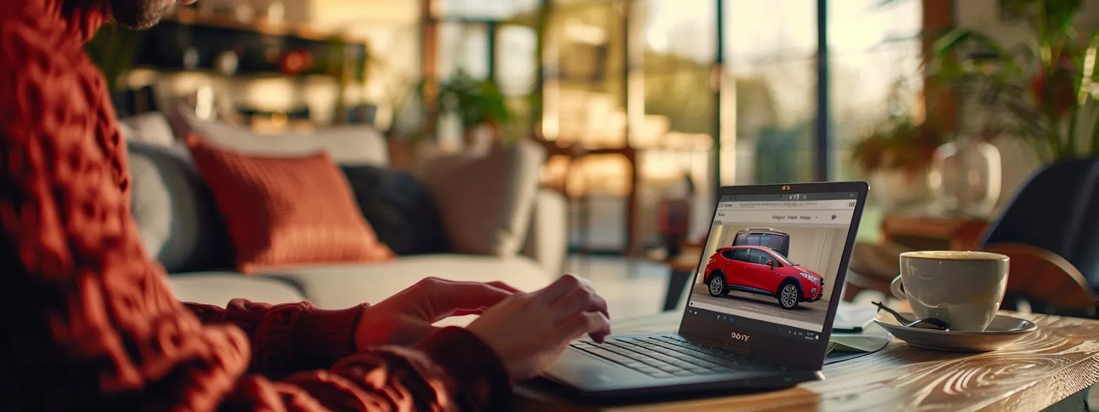 a person comparing various car insurance offers on a laptop in a bright, modern living room setting with a cup of coffee nearby.