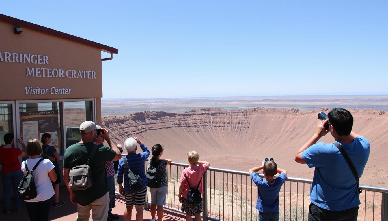 Tourists at the Barringer Meteor Crater visitor center viewing the massive impact site from the observation deck